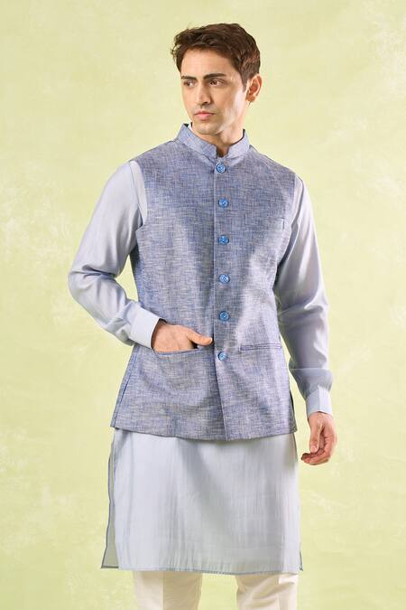 Shop Rng Safawala Blue Tweed Textured Nehru Jacket Online at Aza Fashions Shop_Rng Safawala_Blue Tweed Textured Nehru Jacket _Online_at_Aza_Fashions