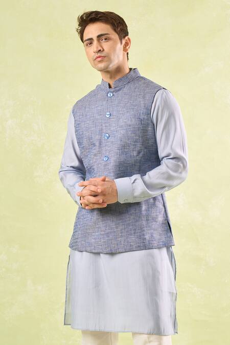 Rng Safawala Blue Tweed Textured Nehru Jacket at Aza Fashions Rng Safawala_Blue Tweed Textured Nehru Jacket _at_Aza_Fashions