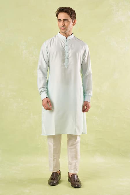 Rng Safawala_Green Cotton Satin, Silk, Cotton, Denim Embroidery, Sequins Kurta-bundi Set _Online_at_Aza_Fashions
