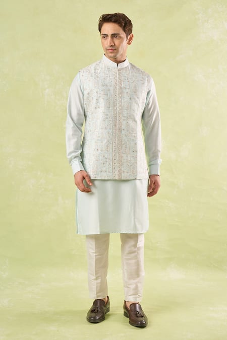 Shop_Rng Safawala_Green Cotton Satin, Silk, Cotton, Denim Embroidery, Sequins Kurta-bundi Set _Online_at_Aza_Fashions