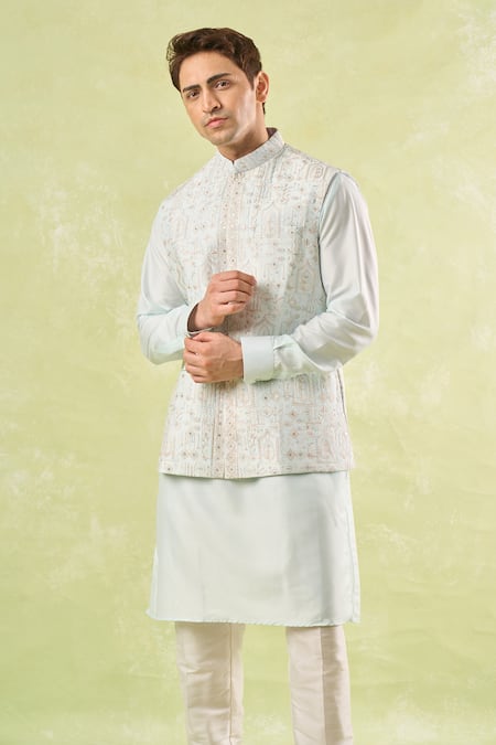 Rng Safawala_Green Cotton Satin, Silk, Cotton, Denim Embroidery, Sequins Kurta-bundi Set _at_Aza_Fashions