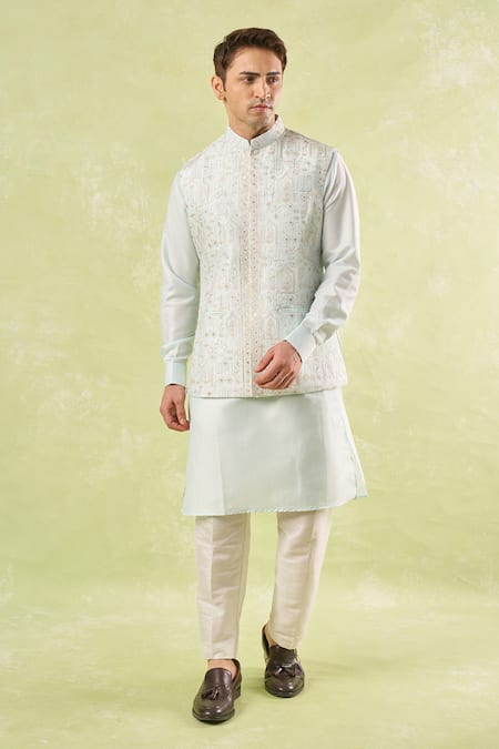 Buy_Rng Safawala_Green Cotton Satin, Silk, Cotton, Denim Embroidery, Sequins Kurta-bundi Set 