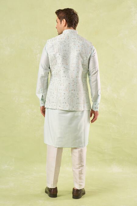 Shop_Rng Safawala_Green Cotton Satin, Silk, Cotton, Denim Embroidery, Sequins Kurta-bundi Set _at_Aza_Fashions