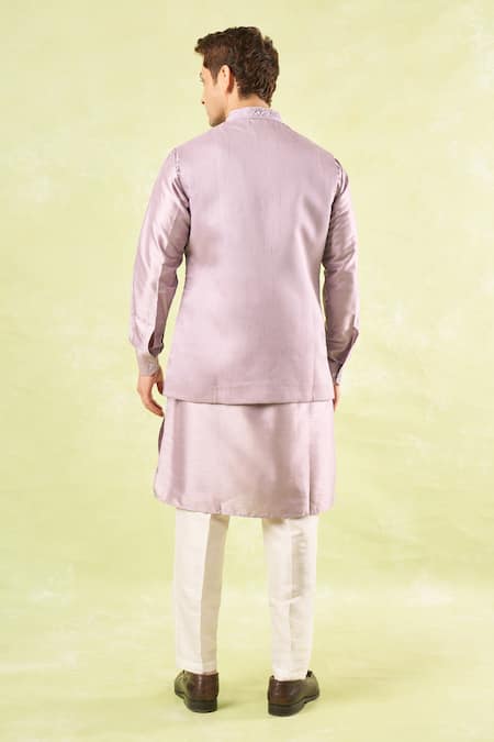 Shop Rng Safawala Purple Silk, Cotton Pearls, Cut Work Lavender Embroidered Kurta-bundi Set at Aza Fashions Shop_Rng Safawala_Purple Silk, Cotton Pearls, Cut Work Lavender Embroidered Kurta-bundi Set _at_Aza_Fashions