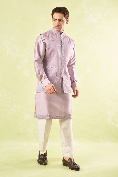 Shop Rng Safawala Purple Silk, Cotton Pearls, Cut Work Lavender Embroidered Kurta-bundi Set Online at Aza Fashions Shop_Rng Safawala_Purple Silk, Cotton Pearls, Cut Work Lavender Embroidered Kurta-bundi Set _Online_at_Aza_Fashions