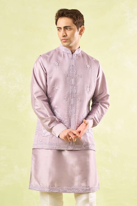 Rng Safawala Purple Silk, Cotton Pearls, Cut Work Lavender Embroidered Kurta-bundi Set at Aza Fashions Rng Safawala_Purple Silk, Cotton Pearls, Cut Work Lavender Embroidered Kurta-bundi Set _at_Aza_Fashions