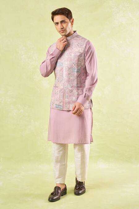 Rng Safawala_Pink Satin, Silk, Sequins, Embroidery Mauve Kurta And Jacket Set _Online_at_Aza_Fashions