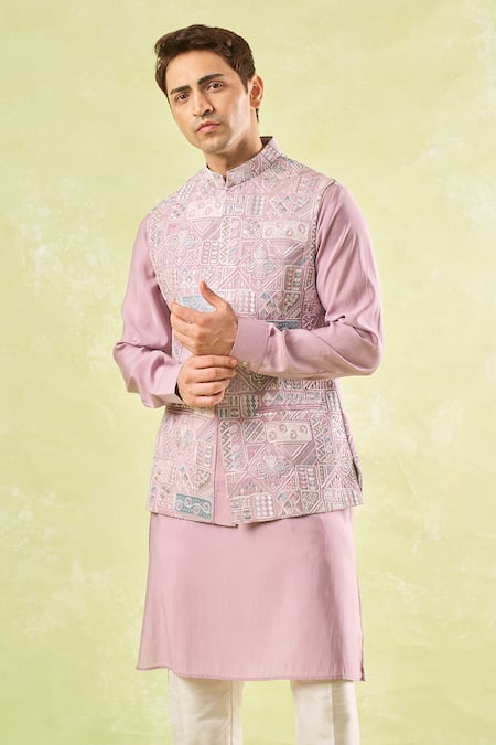 Shop_Rng Safawala_Pink Satin, Silk, Sequins, Embroidery Mauve Kurta And Jacket Set _Online_at_Aza_Fashions