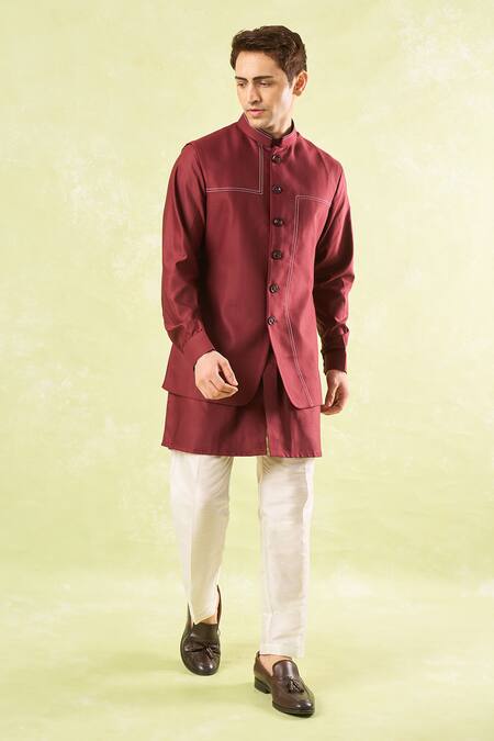 Rng Safawala_Maroon Crepe Embroidery Running Stitch Kurta-bundi Set _Online_at_Aza_Fashions