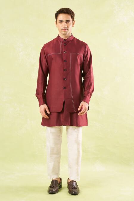 Buy_Rng Safawala_Maroon Crepe Embroidery Running Stitch Kurta-bundi Set _Online_at_Aza_Fashions