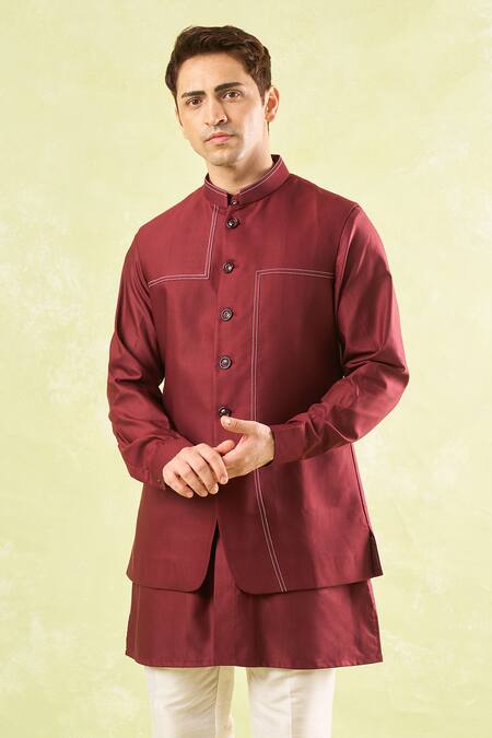 Rng Safawala_Maroon Crepe Embroidery Running Stitch Kurta-bundi Set _at_Aza_Fashions