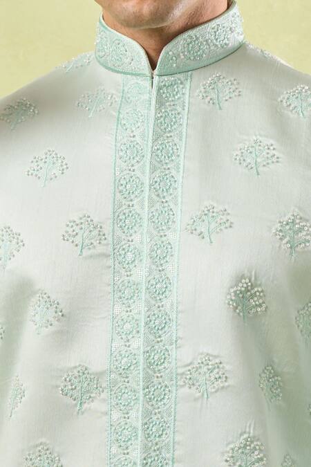 Rng Safawala_Green Silk, Cotton Pearls, Cut Work Mint Embroidered Kurta-bundi Set _Online_at_Aza_Fashions