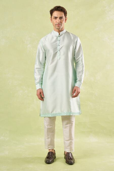 Buy_Rng Safawala_Green Silk, Cotton Pearls, Cut Work Mint Embroidered Kurta-bundi Set _Online_at_Aza_Fashions