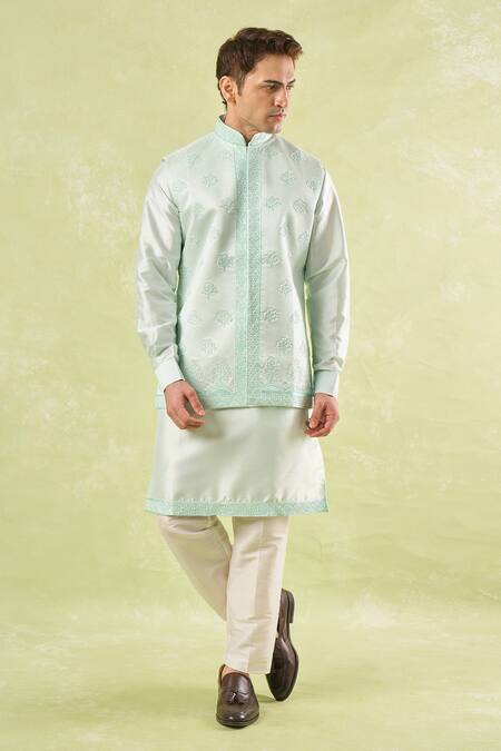 Shop_Rng Safawala_Green Silk, Cotton Pearls, Cut Work Mint Embroidered Kurta-bundi Set _Online_at_Aza_Fashions