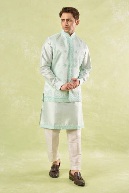 Rng Safawala_Green Silk, Cotton Pearls, Cut Work Mint Embroidered Kurta-bundi Set _at_Aza_Fashions