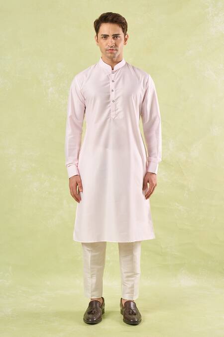 Rng Safawala_Pink Silk, Cotton, Denim Sequins, Embroidery Blush Kurta-bundi Set _Online_at_Aza_Fashions