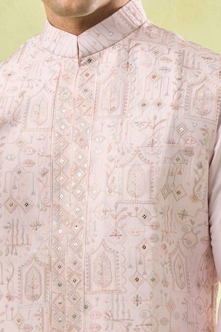 Buy_Rng Safawala_Pink Silk, Cotton, Denim Sequins, Embroidery Blush Kurta-bundi Set _Online_at_Aza_Fashions