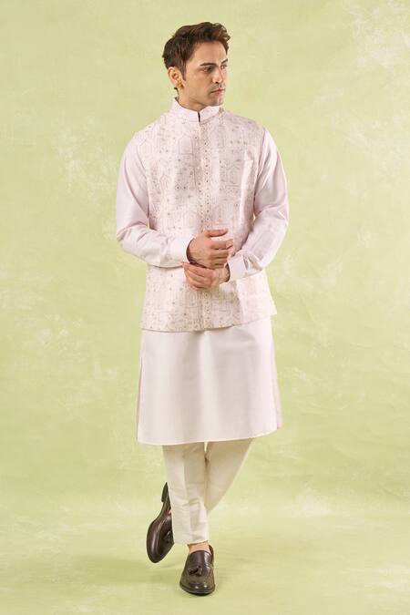 Shop_Rng Safawala_Pink Silk, Cotton, Denim Sequins, Embroidery Blush Kurta-bundi Set _Online_at_Aza_Fashions