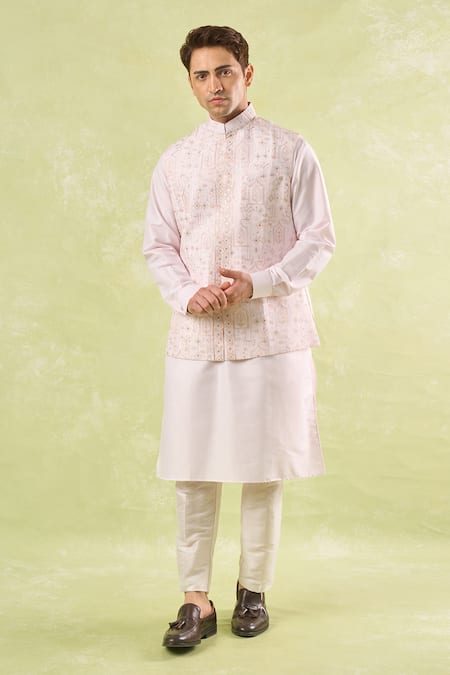 Rng Safawala_Pink Silk, Cotton, Denim Sequins, Embroidery Blush Kurta-bundi Set _at_Aza_Fashions