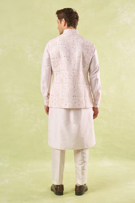 Shop_Rng Safawala_Pink Silk, Cotton, Denim Sequins, Embroidery Blush Kurta-bundi Set _at_Aza_Fashions