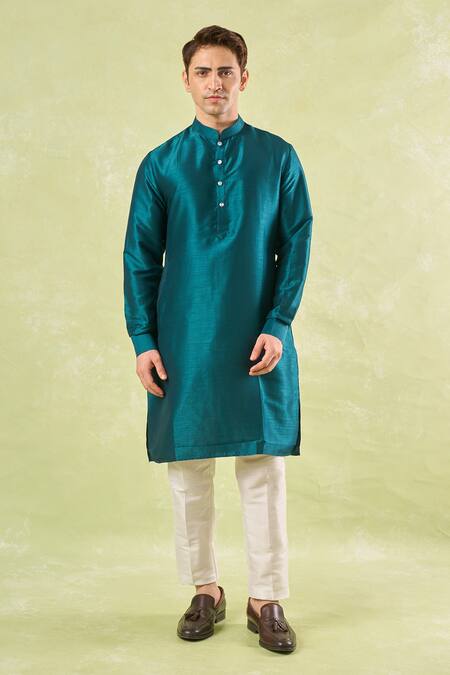 Rng Safawala_Green Silk Embroidery Bottle Kurta-bundi Set _Online_at_Aza_Fashions