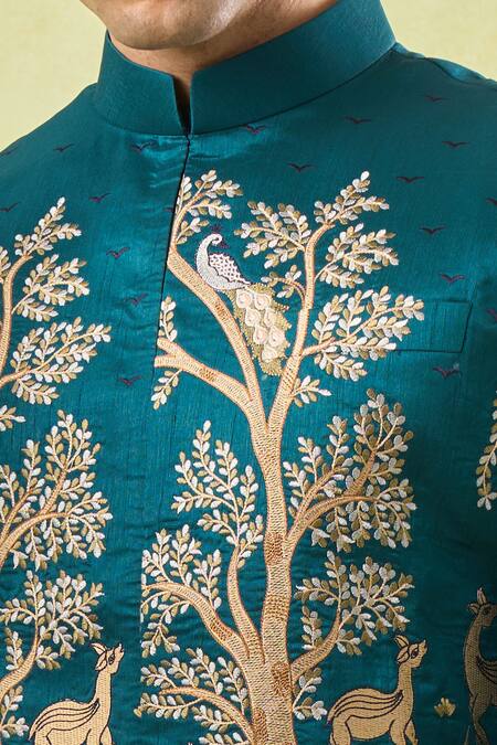 Shop_Rng Safawala_Green Silk Embroidery Bottle Kurta-bundi Set _Online_at_Aza_Fashions