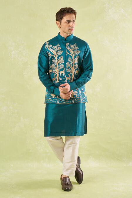 Rng Safawala_Green Silk Embroidery Bottle Kurta-bundi Set _at_Aza_Fashions