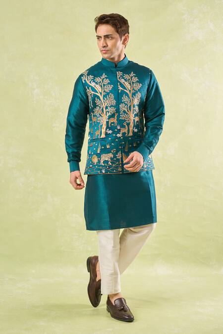 Buy_Rng Safawala_Green Silk Embroidery Bottle Kurta-bundi Set 