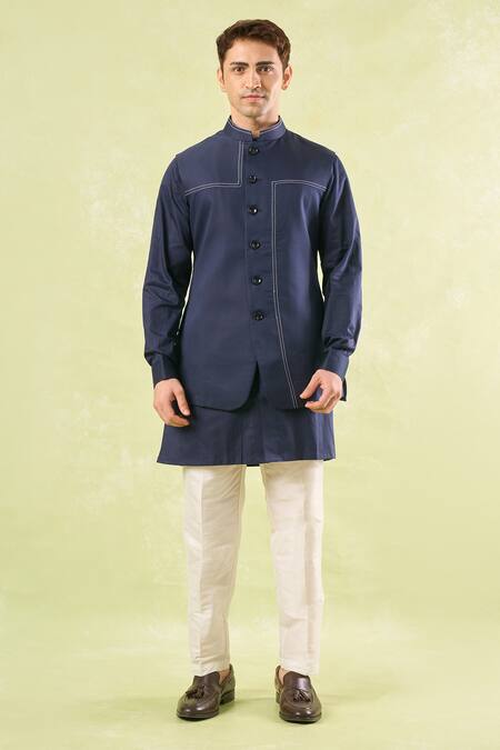 Buy Rng Safawala Navy Crepe, Silk, Dupion Embroidery Blue Running Stitch Kurta-bundi Set Online at Aza Fashions Buy_Rng Safawala_Navy Crepe, Silk, Dupion Embroidery Blue Running Stitch Kurta-bundi Set _Online_at_Aza_Fashions