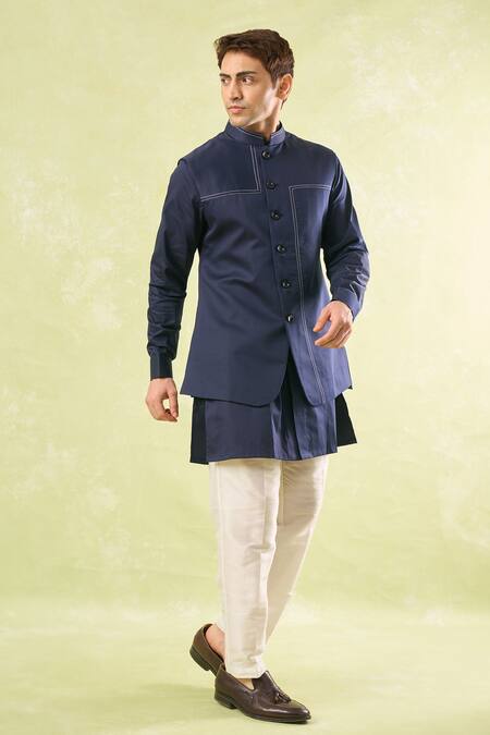 Shop Rng Safawala Navy Crepe, Silk, Dupion Embroidery Blue Running Stitch Kurta-bundi Set Online at Aza Fashions Shop_Rng Safawala_Navy Crepe, Silk, Dupion Embroidery Blue Running Stitch Kurta-bundi Set _Online_at_Aza_Fashions