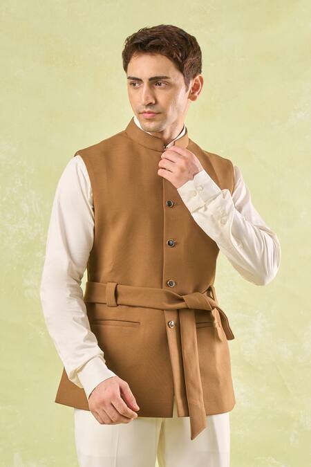 Buy Rng Safawala Brown Belted Nehru Jacket Online at Aza Fashions Buy_Rng Safawala_Brown Belted Nehru Jacket _Online_at_Aza_Fashions