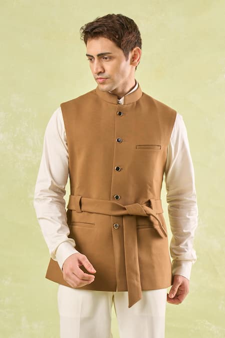 Shop Rng Safawala Brown Belted Nehru Jacket Online at Aza Fashions Shop_Rng Safawala_Brown Belted Nehru Jacket _Online_at_Aza_Fashions