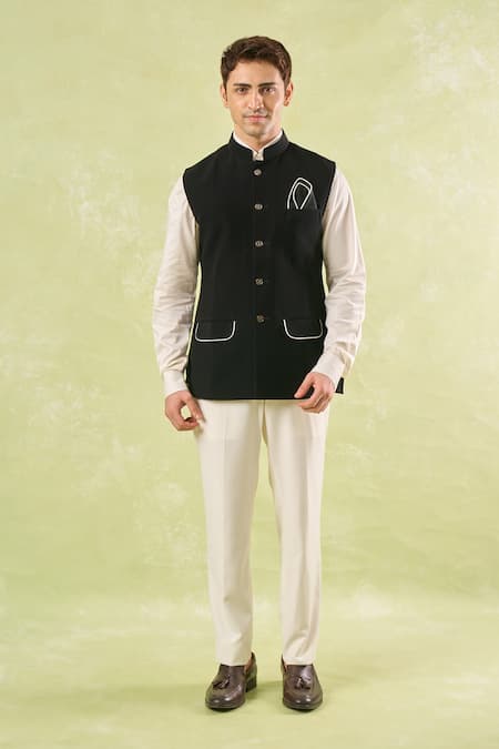Buy Rng Safawala Black Cotton Piping Pipen Nehru Jacket Online at Aza Fashions Buy_Rng Safawala_Black Cotton Piping Pipen Nehru Jacket _Online_at_Aza_Fashions