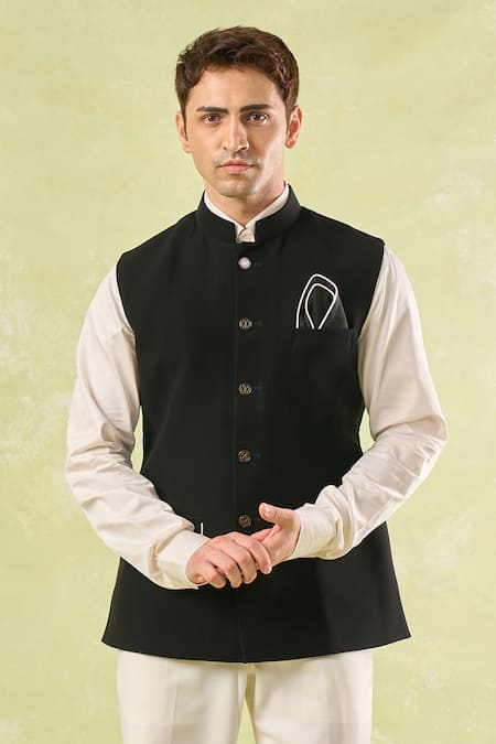 Shop Rng Safawala Black Cotton Piping Pipen Nehru Jacket Online at Aza Fashions Shop_Rng Safawala_Black Cotton Piping Pipen Nehru Jacket _Online_at_Aza_Fashions