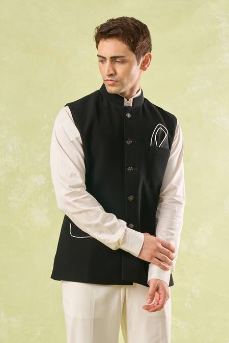 Rng Safawala Black Cotton Piping Pipen Nehru Jacket at Aza Fashions Rng Safawala_Black Cotton Piping Pipen Nehru Jacket _at_Aza_Fashions