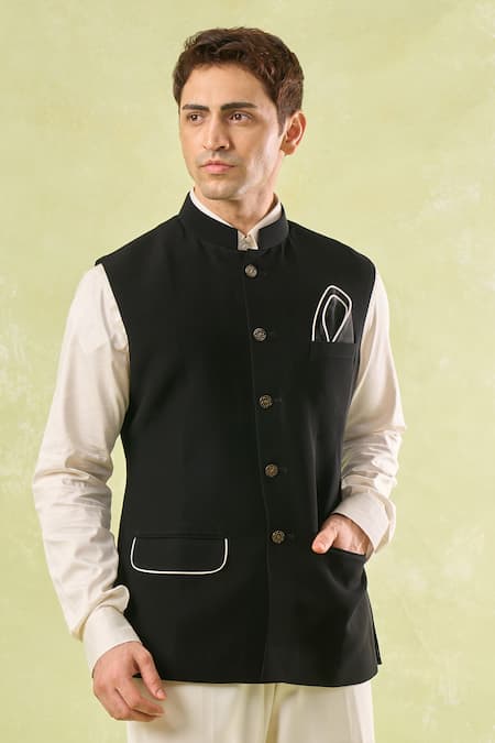 Buy Rng Safawala Black Cotton Piping Pipen Nehru Jacket Buy_Rng Safawala_Black Cotton Piping Pipen Nehru Jacket