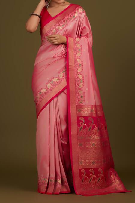 Naintara Bajaj Pink Silk, Satin Zari V-neck Light Woven Banarasi Saree Online at Aza Fashions Naintara Bajaj_Pink Silk, Satin Zari V-neck Light Woven Banarasi Saree_Online_at_Aza_Fashions