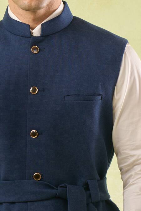Rng Safawala_Blue Cotton Belted Nehru Jacket_Online_at_Aza_Fashions