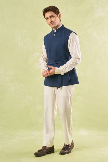 Buy_Rng Safawala_Blue Cotton Belted Nehru Jacket_Online_at_Aza_Fashions