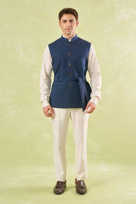 Shop_Rng Safawala_Blue Cotton Belted Nehru Jacket_Online_at_Aza_Fashions