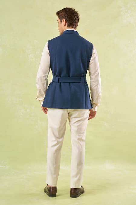 Shop_Rng Safawala_Blue Cotton Belted Nehru Jacket_at_Aza_Fashions