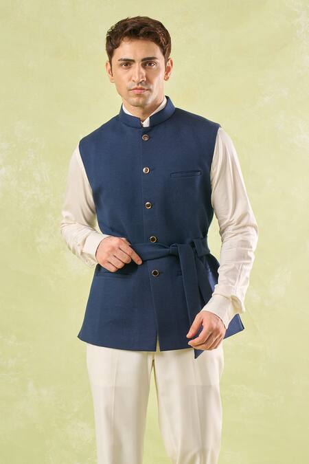 Rng Safawala_Blue Cotton Belted Nehru Jacket_at_Aza_Fashions