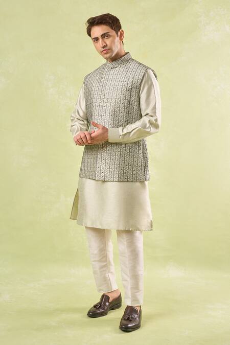 Rng Safawala_Beige Silk Embroidery Kurta-bundi Set _Online_at_Aza_Fashions