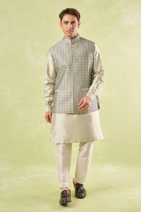 Buy_Rng Safawala_Beige Silk Embroidery Kurta-bundi Set _Online_at_Aza_Fashions