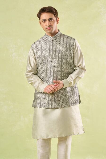 Rng Safawala_Beige Silk Embroidery Kurta-bundi Set _at_Aza_Fashions