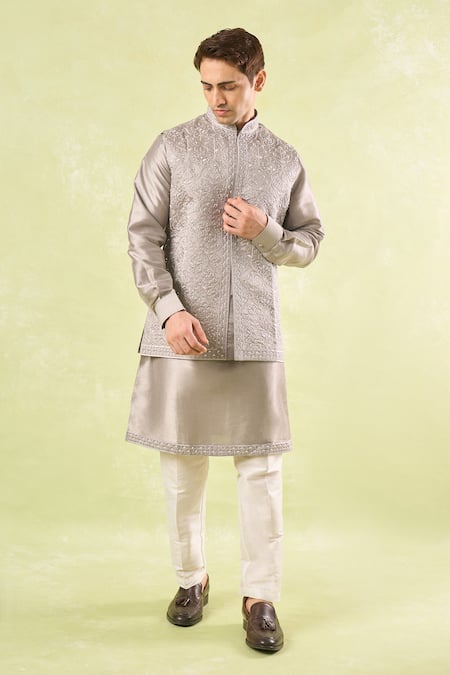 Rng Safawala_Gray Silk, , Satin, Denim Pearls, Grey Embroidered Kurta-bundi Set_Online_at_Aza_Fashions