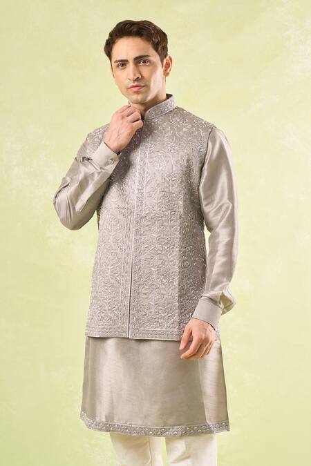 Shop_Rng Safawala_Gray Silk, , Satin, Denim Pearls, Grey Embroidered Kurta-bundi Set_Online_at_Aza_Fashions