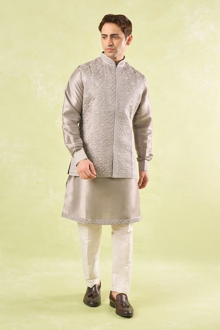 Rng Safawala_Gray Silk, , Satin, Denim Pearls, Grey Embroidered Kurta-bundi Set_at_Aza_Fashions