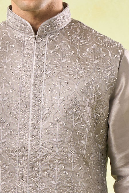 Buy_Rng Safawala_Gray Silk, , Satin, Denim Pearls, Grey Embroidered Kurta-bundi Set