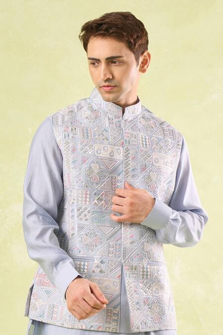 Rng Safawala_Blue Silk, Cotton, Denim Embroidery, Sequins Powder Kurta-bundi Set _Online_at_Aza_Fashions